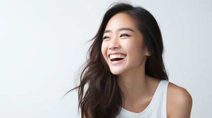 A closeup photo portrait of a beautiful young asian model woman laughing and smiling with clean teeth. used for a dental ad. isolated on white background,