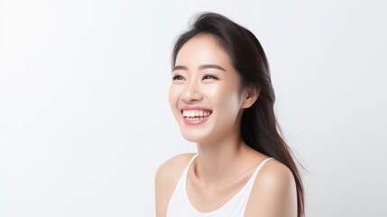 A closeup photo portrait of a beautiful young asian model woman laughing and smiling with clean teeth. used for a dental ad. isolated on white background,