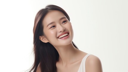 A closeup photo portrait of a beautiful young asian model woman laughing and smiling with clean teeth. used for a dental ad. isolated on white background,