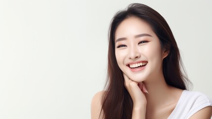 A closeup photo portrait of a beautiful young asian model woman laughing and smiling with clean teeth. used for a dental ad. isolated on white background,