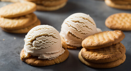 Delicious chocolate chip cookies on a plate topped with ice cream