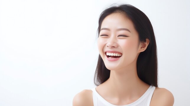 A closeup photo portrait of a beautiful young asian model woman laughing and smiling with clean teeth. used for a dental ad. isolated on white background,