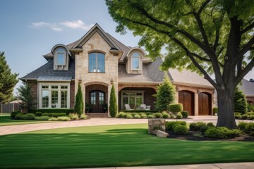 Fototapeta na wymiar The panorama reveals a well established neighborhood in Flower Mound, Texas, characterized by the presence of matured trees and two story houses. These upscale homes are situated alongside parks in
