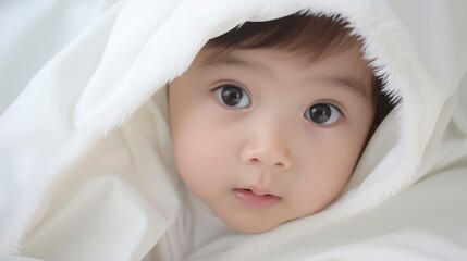 Fototapeta na wymiar A very cute little asian baby kid wrapped in soft white blanket and hood on a bed. image perfect for ads. big beautiful eyes and tiny nose,