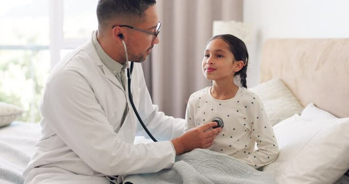 Bed, stethoscope and breathing child, doctor or man check heart beat for flu, fever or chest symptoms. Bedroom lungs test, kid medical exam or healthcare person listening in home pediatrician service