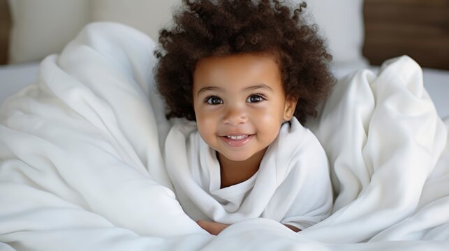 
A very cute little black african baby kid with afro hair wrapped in soft white blanket on a bed smiling. image perfect for ads. big beautiful eyes and tiny nose,