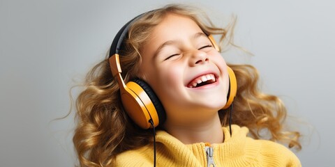little girl with headphones on smiling 