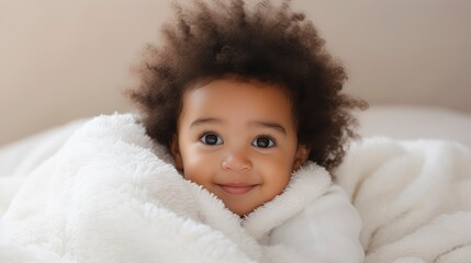 
A very cute little black african baby kid with afro hair wrapped in soft white blanket on a bed smiling. image perfect for ads. big beautiful eyes and tiny nose,