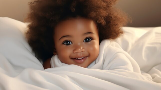
A very cute little black african baby kid with afro hair wrapped in soft white blanket on a bed smiling. image perfect for ads. big beautiful eyes and tiny nose,