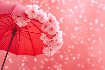On a red umbrella fall pink cherry blossoms, studio background with copy space. Ai generated.