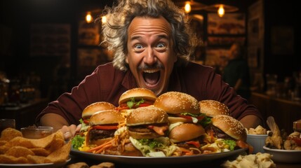 CMAIPIX Crazy guy eating a cheeseburger with lots of cheese - people photography - 633173547