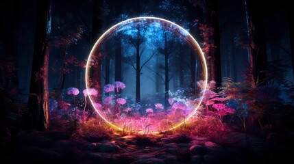 
Abstract art of glowing fantasy in magical night in circle shape in crystal glass. Concept of mysterious forest in colorful neon light,