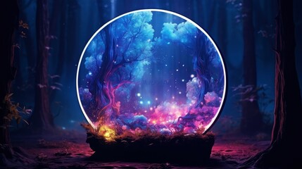 Fototapeta na wymiar Abstract art of glowing fantasy in magical night in circle shape in crystal glass. Concept of mysterious forest in colorful neon light,
