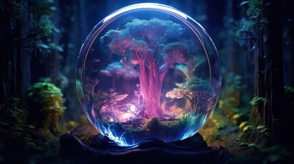 
Abstract art of glowing fantasy in magical night in circle shape in crystal glass. Concept of mysterious forest in colorful neon light,