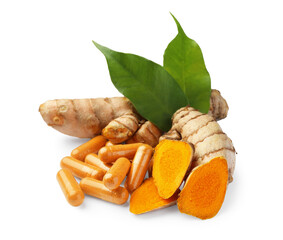 Turmeric roots, leaves and pills isolated on white