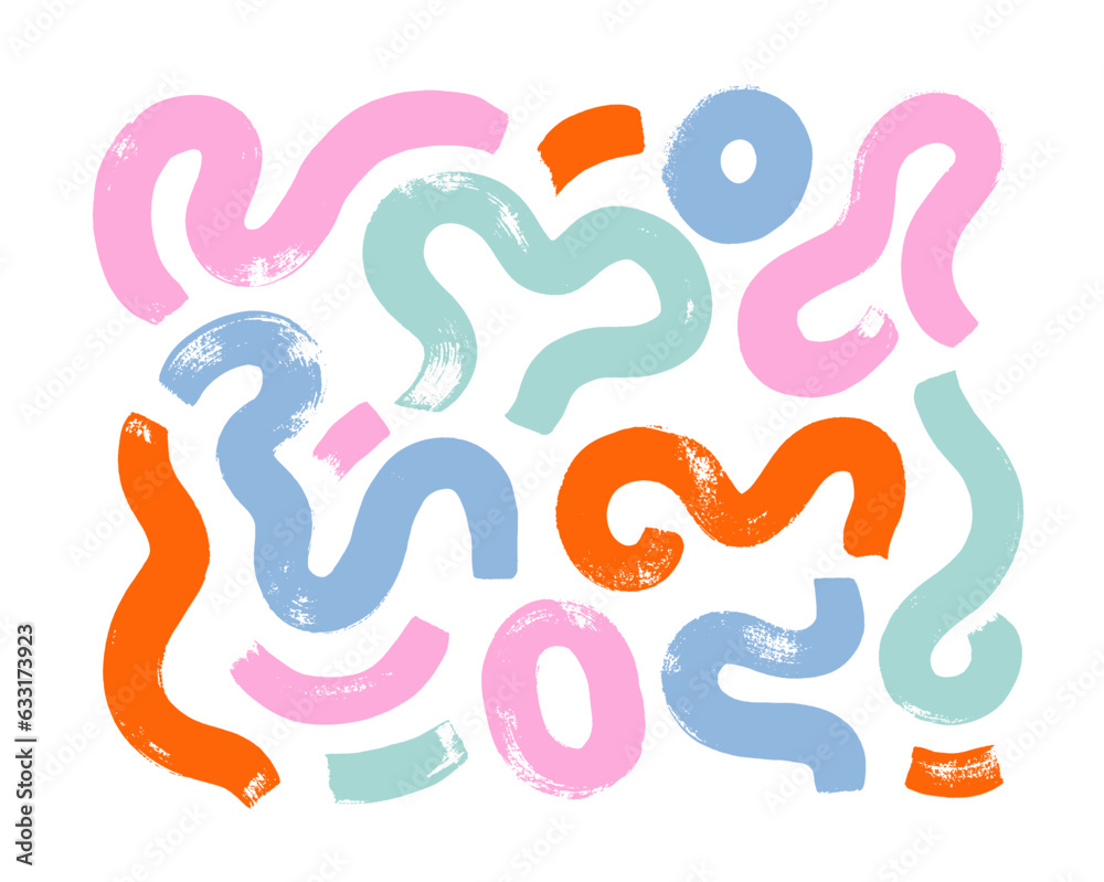 Leinwandbilder Bold curved colorful lines and circles isolated on white background. Brush drawn wavy bold lines with circles. Abstract curved strokes. Vector multi colored elements. Simple squiggle smears.