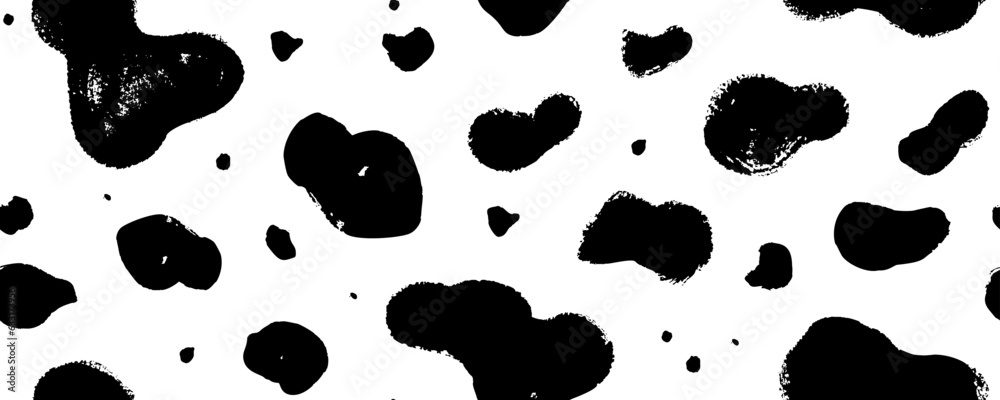 Poster Dalmatian or cow animal fur seamless pattern. Simple irregular vector design. Brush drawn black blobs, spots and dots. Seamless fur texture. Horizontal dalmatian background. Grunge abstract pattern.