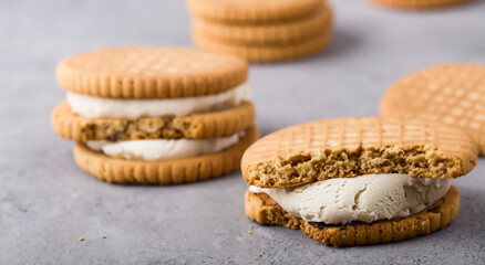 Delicious chip cookies topped with vanilla ice cream on a counter in high resolution