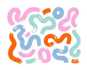 Bold curved colorful lines and circles isolated on white background. Brush drawn wavy bold lines with circles. Abstract curved strokes. Vector multi colored elements. Simple squiggle smears.