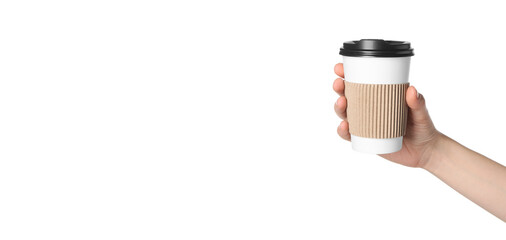 To-go drink. Woman holding paper coffee cup on white background. Banner design