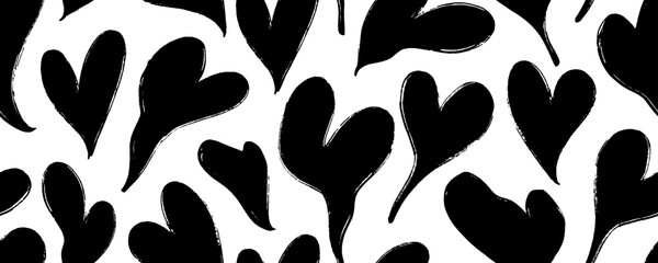 Melting black love hearts seamless pattern. Valentine's day holiday banner with wavy doodle hearts. Liquid romantic shapes wedding wallpaper design. Vector psychedelic pattern in groovy style.
