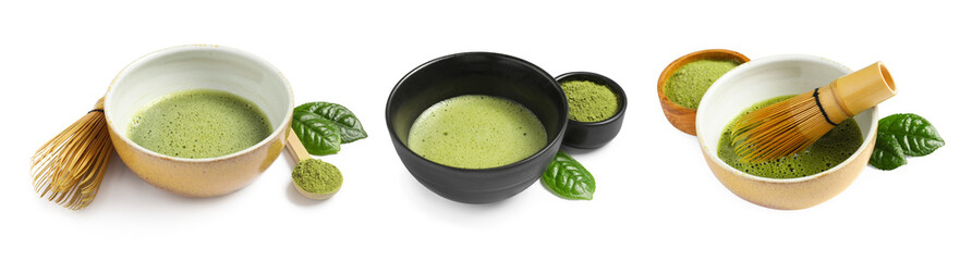 Set of green matcha tea in bowls on white background