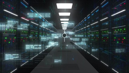 Forward dolly shot, Server cabinets for storage, Data servers in a data center server room, Cloud computing data storage concept, Futuristic digital data network connection technology - Powered by Adobe