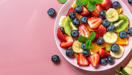Summer fruit and berry salad with fresh strawberries, blueberries, banana, kiwi, orange and mint, pink background, top view