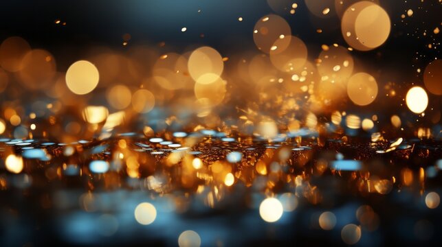A gold sparkling background with bokeh and glitter. Generative AI. 
