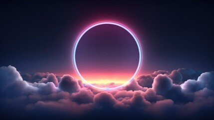 
Abstract of glowing clouds circle rgb frame illuminated with neon light on darkness sky view. Concept of futuristic minimal geometric shape in paradise,