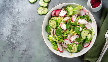 Healthy crispy salad with radishes, cucumbers, lettuce and chives with yogurt dressing, green stone...