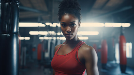 African American Woman Boxer Training in Gym. Sports Wear and Punching Bags. Concept of Train, Boxing, Fight, Fighter, and Determination.