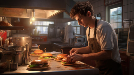 Man Cooking American Burgers in the Kitchen. Wearing Chef Apron. Concept of Cook, Food, Hamburger, Alone, Late Night, and Perfection.