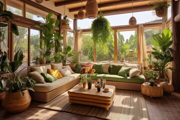 The Mediterranean inspired interior design of a stunning house features a spacious living room adorned with a large sofa and an assortment of vibrant green potted plants. The cozy indoor space is