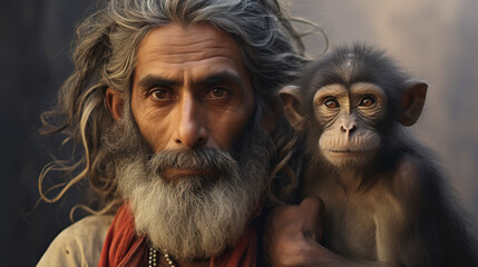 Portrait of an Indian Man With a Monkey on His Shoulder. Concept of Friendship, India, Primate, Performers, and Street.