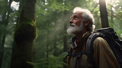 Older Senior Man Hiking in the Redwood Forest Looking Up in Awe With the Sunlight Coming Through the Trees. Concept of Adventure, Backpack, Nature, and Fresh Air.