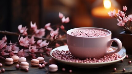Obraz na płótnie Canvas A pretty pink cup of tea or coffee with flowers. Generative AI. 