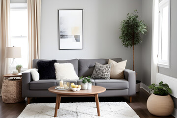 Fototapeta premium Cozy composition of living room interior with sofa, dark pillow, beige sideboard, wooden vertical frame, vase with branch, round pillow. Ellegant home decor