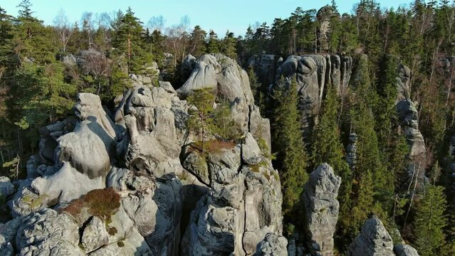 Aerial view of Teplice Rocks, part of Adrspach-Teplice landscape mountain park in Broumov highlands region of Bohemia, Czech Republic, 4k