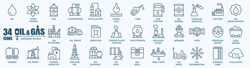 Oil and gas - thin line web icon set. Outline icons collection. Simple vector illustration. - obrazy, fototapety, plakaty