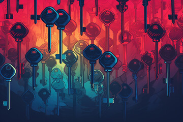 Retro risograph illustration of multicolored keys.  Generative ai.