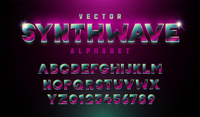 Vector synthwave alphabet. Modern font with purple and green tones. Metallic chrome effect with color gradient. Gaming, music or other retro, modern or futuristic subjects.