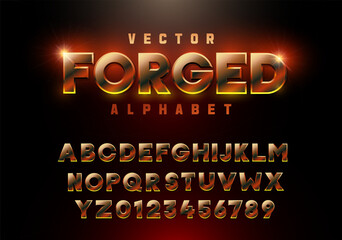 Vector forged alphabet, metallic 3d font in orange tones inspired by molten rock, lava, fire, blacksmithing; ideal for festivals, club logos, automotive, adventure, branding, fiery and bold projects.
