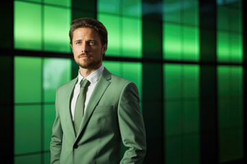 An attractive 30 years old business man with brown hair standing in a light green colored room