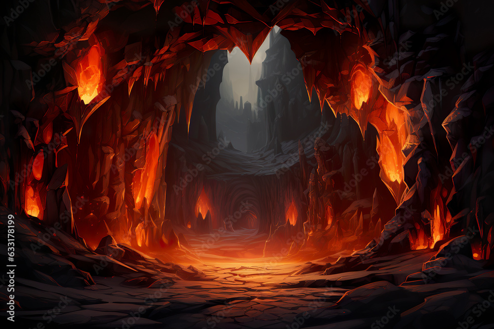 Wall mural background environment of 2d abstract lava caves for adventure or battle mobile game. dark lava cave