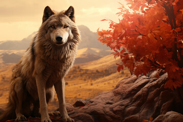 Wolf with nature background style with autum