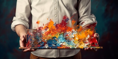 Painter holding a brush in their right hand and a palette in the left, carefully blending colors AI Generative