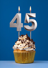 Horizontal birthday card with cake - Lit candle number 45 on blue background