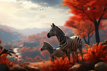 Zebras with nature background style with autum
