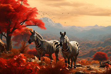 Zebras with nature background style with autum